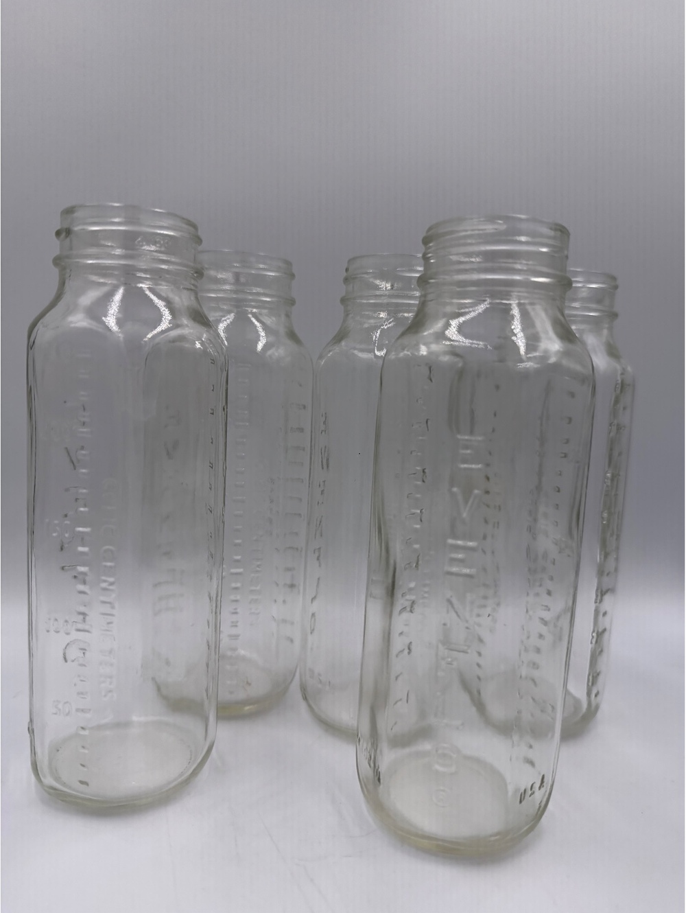 Vintage Evenflo Clear Glass Nursing Bottles Lot 5 8oz Ounces & CC Markings USA⁠